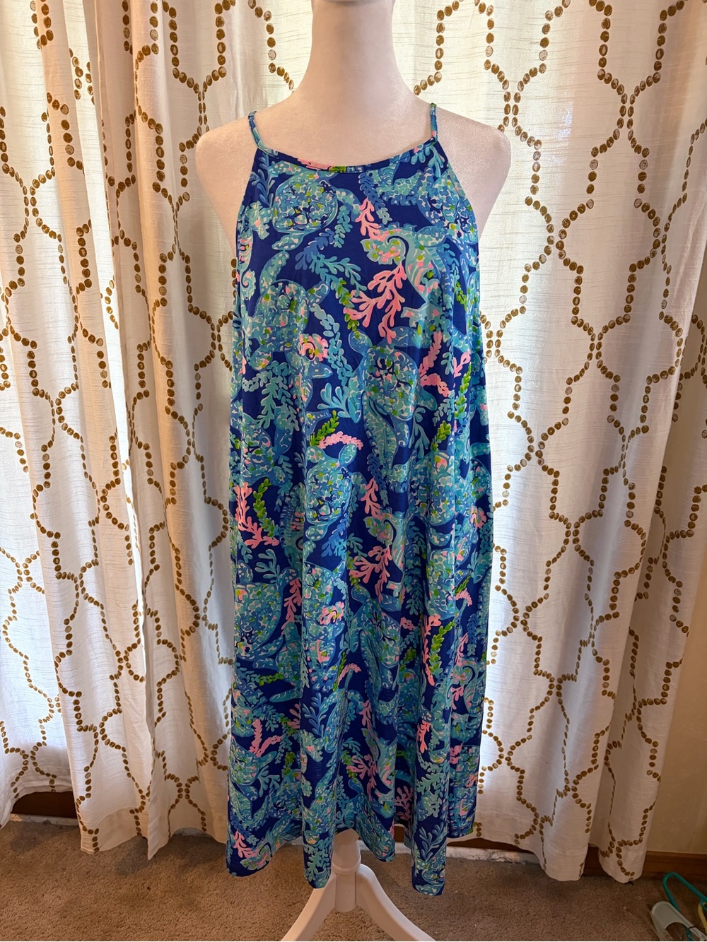 Lilly Pulitzer Navy Floral Spaghetti-Strap Dress with Pink Trim